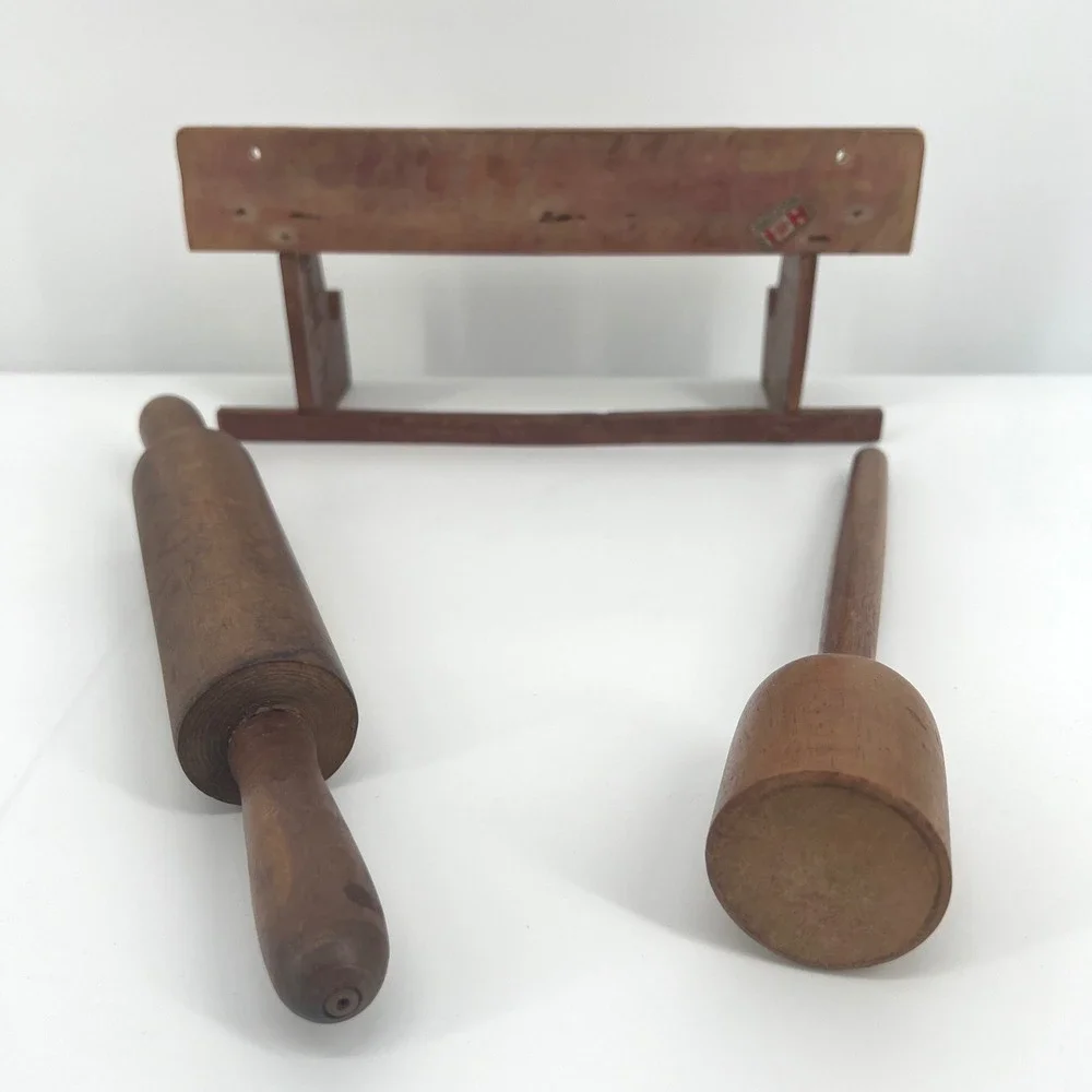 Vintage Wood Rolling Pin Mallet Set Wall Rack Brown Primitive Farmhouse Decor